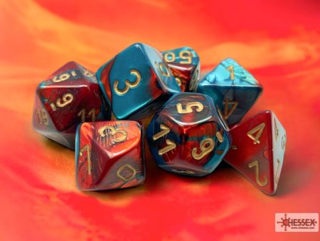 Gemini Red-Teal gold Polyhedral 7-Dice Set For Discount